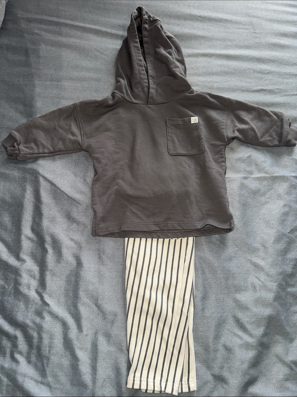 Toddler Gray Hoodie with Cream and Gray Striped Pants Set